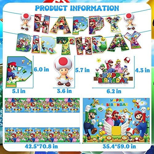 Mario Doğum Günü Parti Malzemeleri Dahil Zemin, Doğum Günü Afiş, Asılı swirls, Balonlar Çocuklar için Mario Parti
