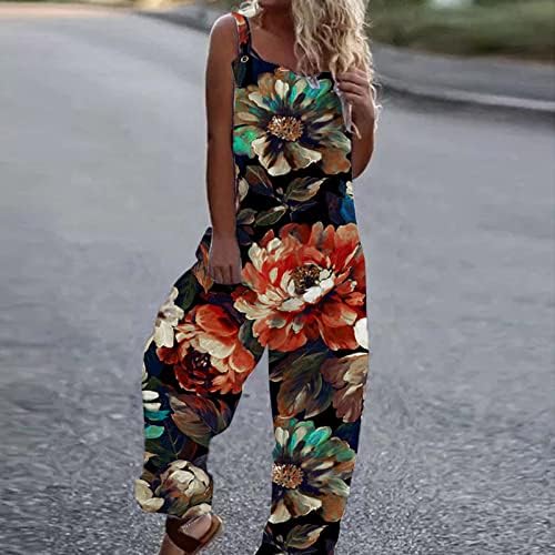 KCJGİKPOK yaz kıyafetleri Kadınlar Casual Baskı Cep Romper Uzun Tulum Spagetti Kayışı Gevşek Tulum Akşam Takım Elbise