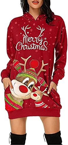 TİMİFİS Noel kapüşonlu elbise Kadınlar için Uzun Kollu Kapşonlu Kazak Tişörtü Komik Ren Geyiği Santa Baskı Tunik Üstleri