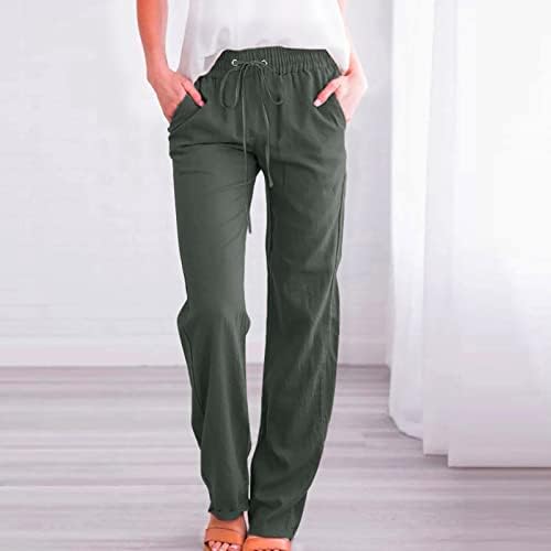 BCZHQQ Yaz Pamuk Keten Rahat Yoga Uzun Pantolon Kadınlar için İpli Yüksek Bel Gevşek Fit Düz Renk Geniş Bacak Pantolon