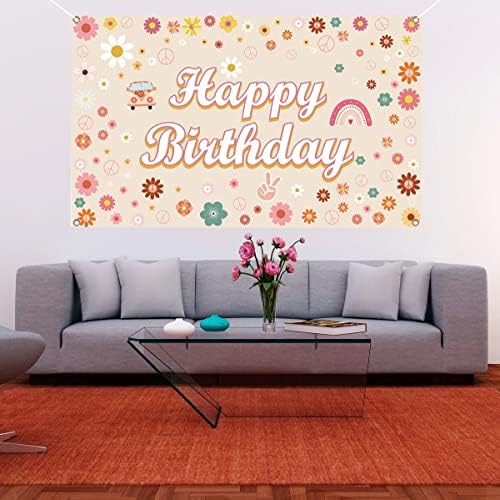 LOONELO Groovy Mutlu Doğum Günü Backdrop Banner ile 71X44 inç, Retro Hippi Boho Kız Doğum Günü Partisi Süslemeleri,