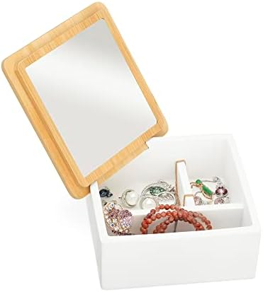 Navaris Aynalı Mücevher kutusu - Organizatör saklama kutusu Tutucu Küpe Yüzük Kolye Bilezik Kişisel makyaj aynası-Bambu