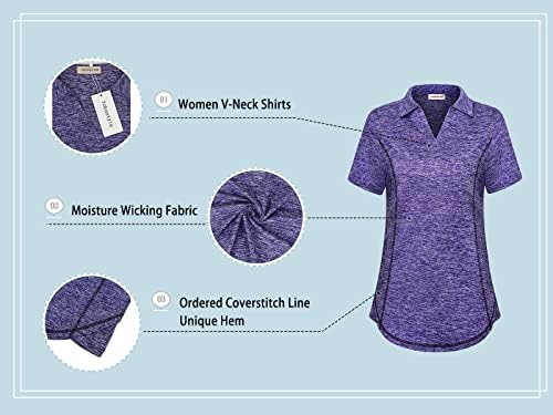 Yakestyle kadın V Boyun golf gömlekleri Kısa Kollu Atletik Hızlı Kuru Nem Tenis Esneklik Yoga Golf polo gömlekler