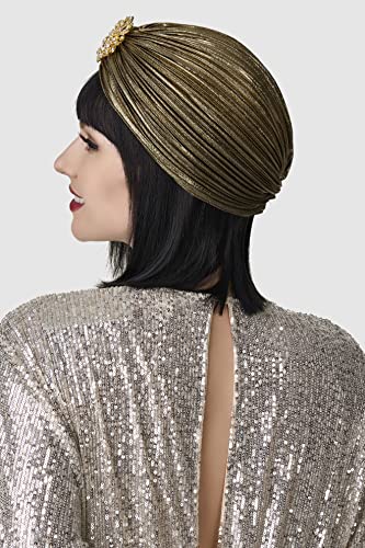 ÖTESİNDE kadın Türban Şapka Kristal Vintage Başkanı Wrap Örgü Pilili Türban (Koyu Altın)