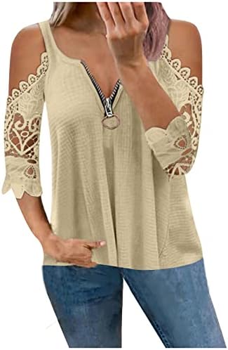 Yaz Tunik Üstleri Kadınlar için Soğuk Omuz Zip V Boyun T Shirt dantel kesik dekolte Kollu Bluzlar Moda Rahat Gömlek