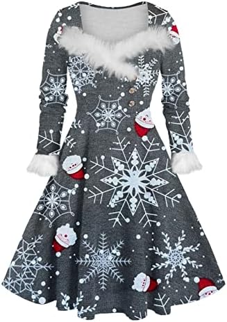 2022 Noel Elbiseler Kadınlar için Kar Tanesi Baskılı Kokteyl Elbise Vintage 1950s Noel Elbise A-line Salıncak Parti