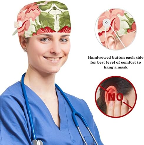 Düğmeli Ayarlanabilir Çalışma Başlığı, Zarif Çiçek Çiçek Cerrahi Başlık Ter Bandı, Fiyonklu Şapkaları Geri Bağlayın