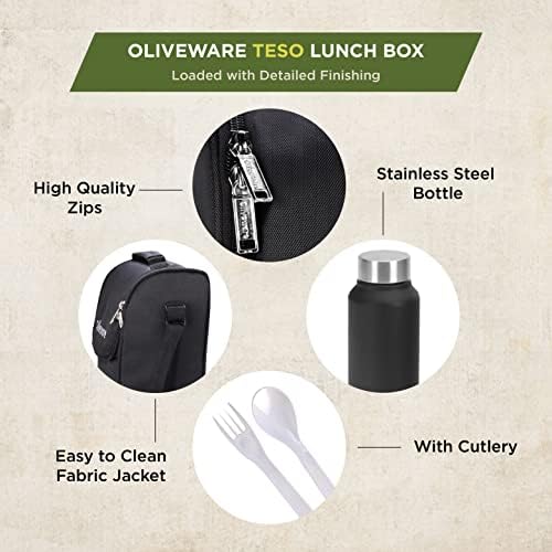 Oliveware Teso Şişeli Öğle Yemeği Kutusu-Siyah / 3 Paslanmaz Çelik Kaplar ve Turşu Kutusu ve Çeşitli Çelik Şişe /