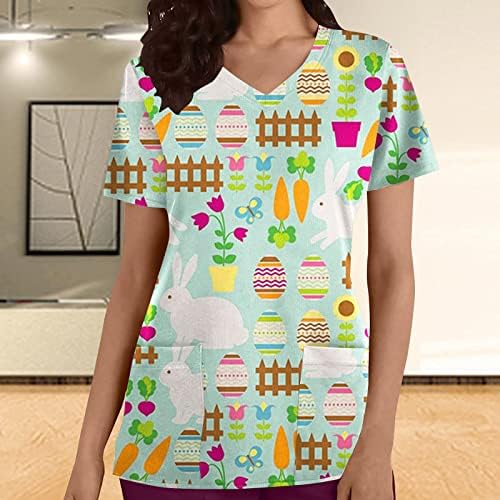 Kadın Paskalya çalışma üniforması Moda Tavşan Yumurta Baskı Tees cepli gömlek V Yaka Kısa Kollu Scrub_Shirt