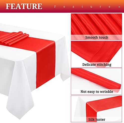 Pesonlook 6 Adet Beyaz Plastik Tek Kullanımlık Masa Örtüleri Dikdörtgen Masa Örtüsü ile 6 Adet Saten Masa Koşucu Kırmızı