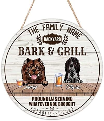 Mesllings Bark & Grill Ahşap Kapı Tabelasını Getirdiğiniz Her Şeye Yuvarlak Bir Şekilde Hizmet Etmek, Duvara Asılı