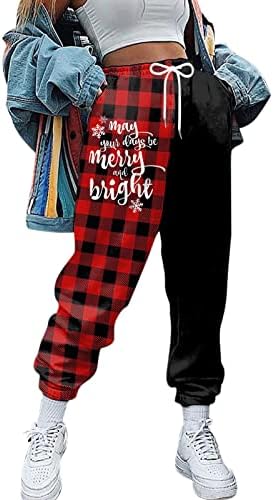 WOCACHI Noel kadın Sweatpants Cinch Alt Noel Grafik Ekose Patchwork Yüksek Bel Spor Baggy Jogger Pantolon