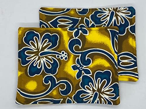 2 Set Mavi ve Sarı Hawaii Çiçekleri Cepli Tencere Tutacağı; ABD'de El yapımı