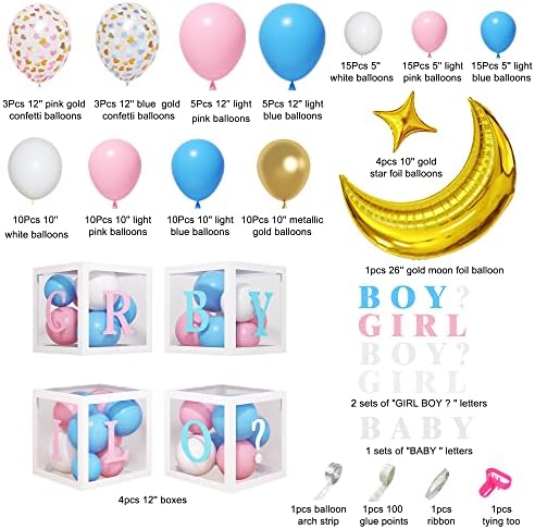 Amandır 134 adet Bebek Kutuları Cinsiyet Reveal Balon Süslemeleri, Pembe ve Mavi Balon Kemer Kiti Bebek harfli kutular