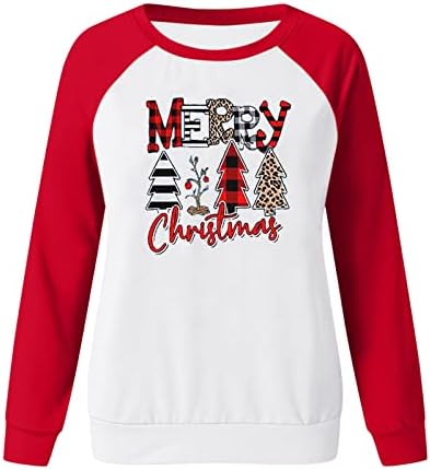Merry Christmas T-Shirt Kadın Noel Leopar Ağacı Baskı Kazak Rahat Uzun Kollu Tatil Noel Bluz Kazak