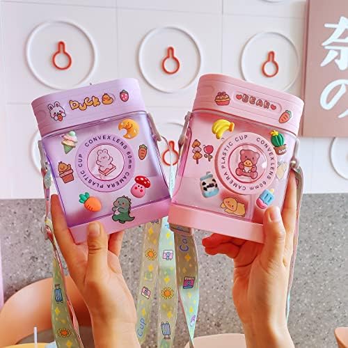 Kawaii Su Şişesi Kızlar için Sevimli Kamera Su Şişesi, Kawaii Kamera Şekli Pipetli Şişeler ve Ayarlanabilir Omuz Askısı