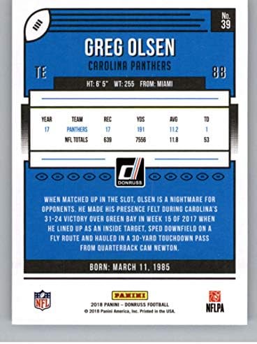 2018 Donruss Futbolu 39 Greg Olsen Carolina Panthers Resmi NFL Ticaret Kartı