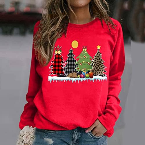 Bayan Merry Christmas Kazak Komik Ekose Noel Ağacı Grafik Kazak Casual Uzun Kollu Kış Bluz Tops
