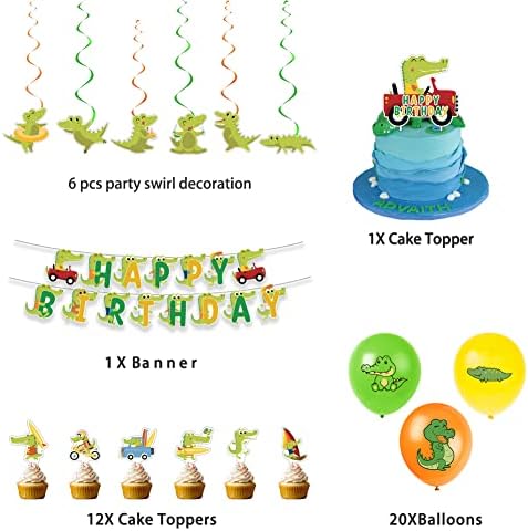 40 Adet Timsah Tema Doğum Günü Partisi Malzemeleri ve Süslemeleri Timsah Mutlu Doğum Günü Afiş,Lateks Balon, Cupcake