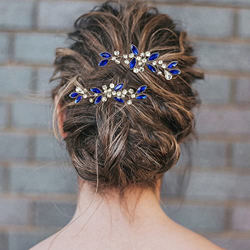 Kristal Gelin saç tokası Sparkle Beyaz Mavi Rhinestone Düğün saç parçası Aksesuarları Kadınlar Kızlar için (2'li paket)