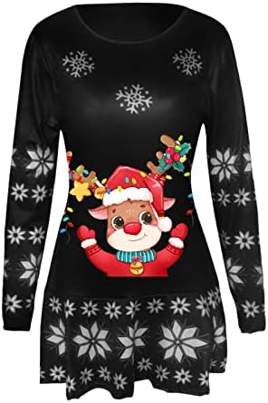 Oplxuo Bayan Noel Gömlek Elbiseler Karikatür Baskı Grafik Kısa Elbise Fırfır Etek Uzun Kollu Crewneck Casual Kazak