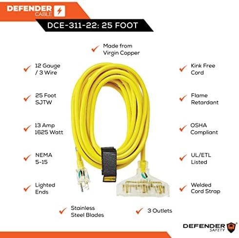 Defender Kablo 12/3 Ölçer, 25 ft Üçlü Çıkışlı SJTW Yüklenici Sınıfı Uzatma Kablosu, Işıklı uçlu, UL / ETL Listelenmiştir,