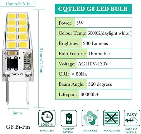 G8 LED Ampuller Kısılabilir 3W Günışığı Beyaz 6000K, AC 120V Eşdeğer G8 Halojen Ampul 20W-25W, Mini G8 Ampuller (6