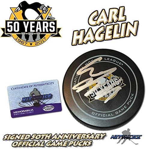 CARL HAGELİN, 50. Yıl Dönümü PİTTSBURGH PENGUİNS OYUN Diskini İmzaladı - COA İmzalı NHL Diskleri