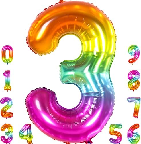 40 İnç Gökkuşağı Büyük Numarası 3 Balon için 3rd Doğum Günü Süslemeleri, Mylar Renkli Dev 3 Balon Numarası, Jumbo