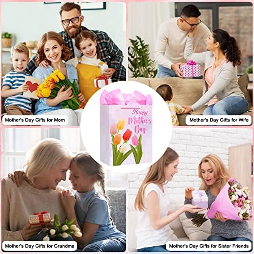WhatSign Mutlu Anneler Günü Hediye Keseleri Kağıt Mendil ile 11.5 Anneler günü Çiçekleri Kulplu Kağıt Hediye Keseleri