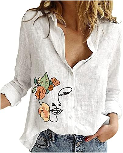 Yaz Casual Tops Kadınlar için Turn-Aşağı Yaka Düğme Gömlek Sevimli Baskılı Uzun Kollu Bluzlar 2023 Moda Giyim