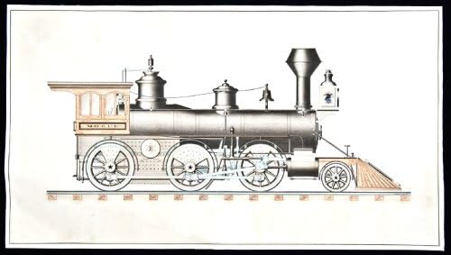 [Buharlı Lokomotif] Bir Amerikan buharlı lokomotifinin orijinal mürekkep ve suluboya çizimi