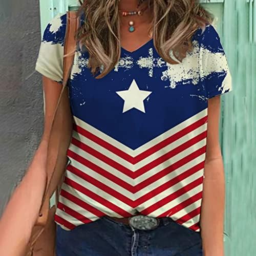 Kısa Kollu Üstleri Bayan Yaz Sonbahar Derin V Boyun Colorblock ABD Bayrağı Grafik Brunch gömlekler Bayan Giyim