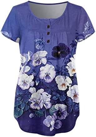 Retro Desen Tunikler Kadınlar için Gevşek Fit Karın Gizleme Tişörtleri Gömlek Yaz Rahat Kısa Kollu Düğme V Yaka Bluz