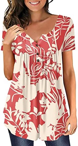 Çiçek Baskı Tunik Üstleri Kadınlar için Gevşek Fit Karın Gizleme T Shirt Yaz Rahat Kısa Kollu Düğme V Yaka Bluzlar