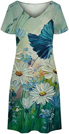 Kadın V Boyun T Gömlek Elbise Çiçek Baskı Kısa Kollu Yaz Elbiseler Casual Midi Uzunluğu Gevşek Fit Elbise Plaj