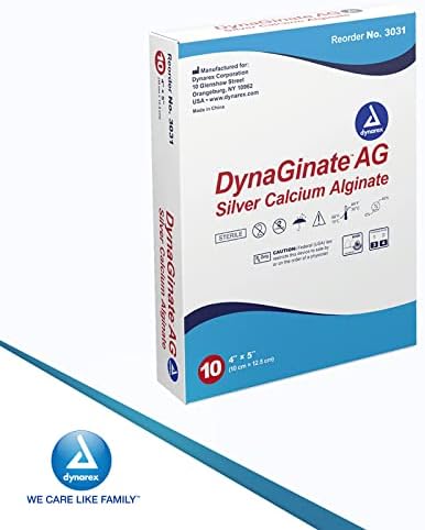 Dynarex DynaGinate AG Gümüş Kalsiyum Aljinat Pansumanları - 4x5, Gümüş İyonlu Kalsiyum Aljinat Yara Pansumanı, 1 Kutu